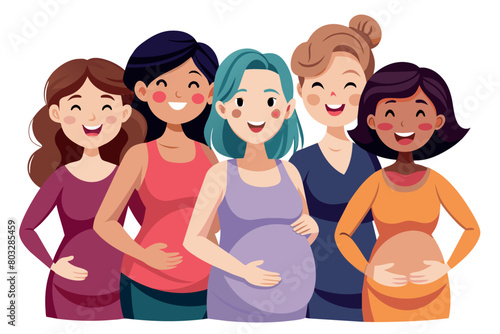 Five diverse pregnant friends posing happily together