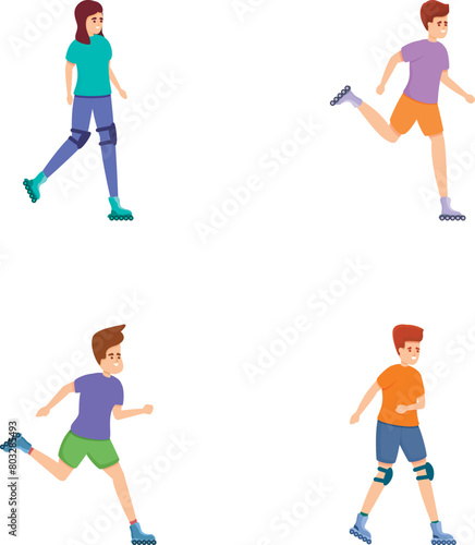 Rollerblading icons set cartoon vector. Young people roller skating. Sport, outdoor activity