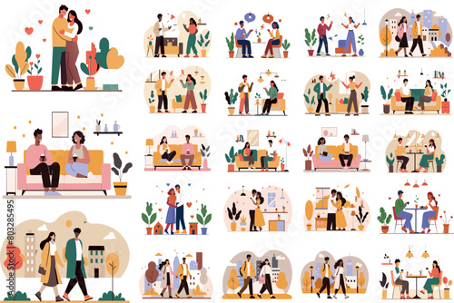 A collage of animated couples in moments of love  work  and leisure
