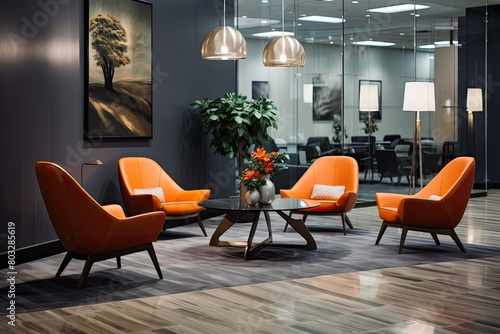 A room with a large painting on the wall and a few orange chairs. The room is well lit and has a modern feel