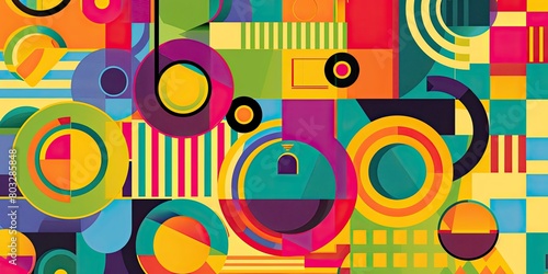 A colorful poster with bold geometric shapes and patterns,Listening to the music of minimalism, colorful circles, stripes and squares in a yellow, green, blue, purple and orange red palette