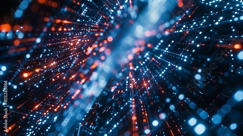 Artistic close-up of quantum communication network, vibrant digital space with interconnected nodes