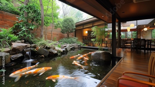 Tranquil Zen Garden Cafe with Koi Pond  generative ai