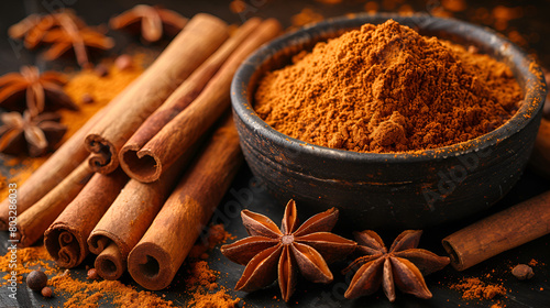Ceylon Cinnamon Sticks and Anise on a Textured, spices and cinnamon on a black background