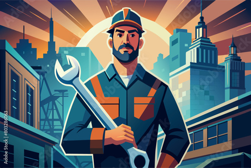 A confident tradesman with a wrench stands before a city backdrop