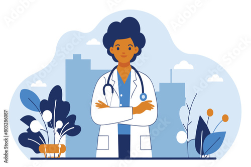 A smiling cartoon doctor with a stethoscope in a city background