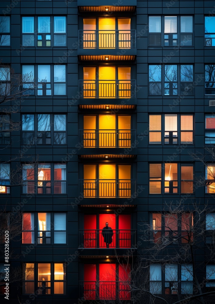 Multicolored balconies in apartment building at night Multicolored balconies in apartment building at night