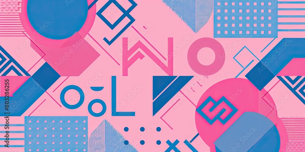 A pink and blue pattern with geometric shapes, including the letters X O N. The design includes squares, triangles, circles, lines, and stripes in various sizes