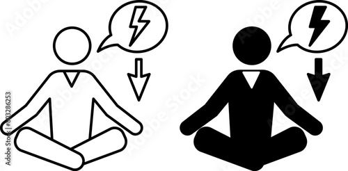 Reduce Stress Icons. Black and White Vector Icons of Meditating Man and Down Arrow. Learn to Relax. Calm down. Avoid Stressful Situations. Mental Health. Positive Thinking Concept