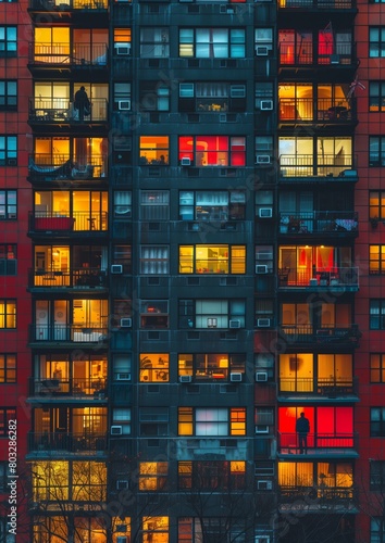 Multicolored balconies in apartment building at night