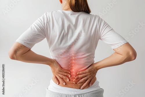 Woman in pain from spine issues like osteoporosis, degeneration, cancer, or disc disease photo