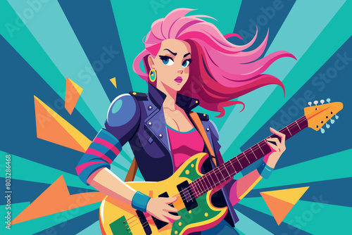 Stylish animated woman performs with a colorful guitar
