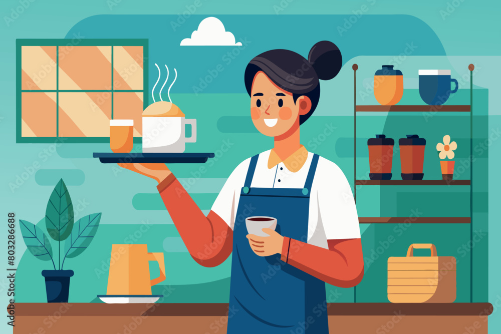 A smiling barista serves a hot beverage in a warm cafe atmosphere A smiling barista serves a hot beverage in a warm cafe atmosphere