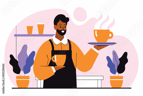 Barista offers a freshly brewed cup of coffee