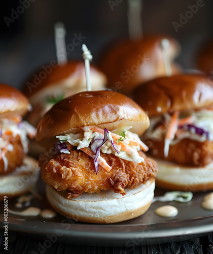 small juicy chicken sandwich burgers with fried chicken and coleslaw