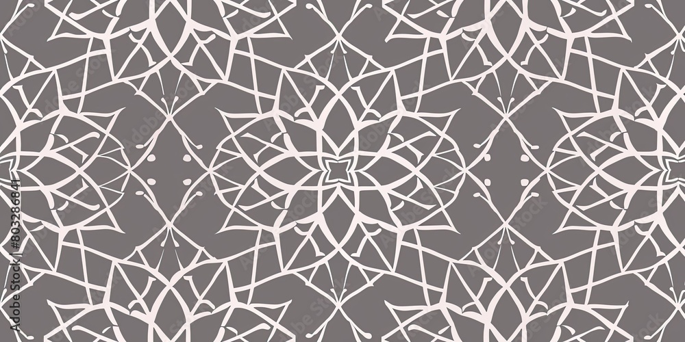 An elegant Islamic pattern of various geometric shapes creates an intricate and symmetrical design in light gray on a dark grey background, suitable for seamless decoration or packaging use.