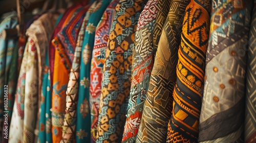 Vibrant stack of traditional woven fabrics featuring intricate patterns © Yusif