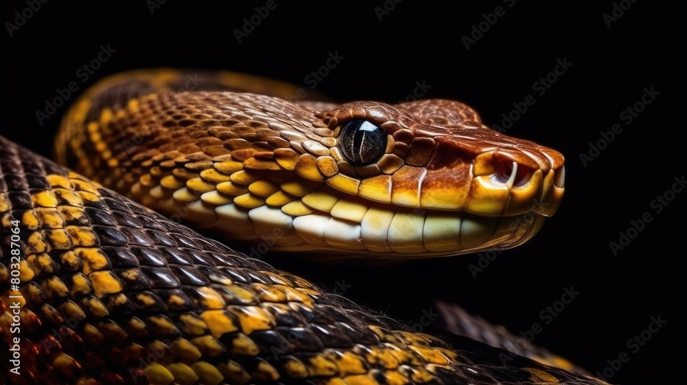 Close up dangerous deadly poisonous cobra snake on black background. Close up dangerous deadly poisonous cobra snake on black background.