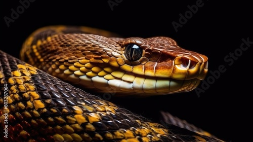 Close up dangerous deadly poisonous cobra snake on black background.