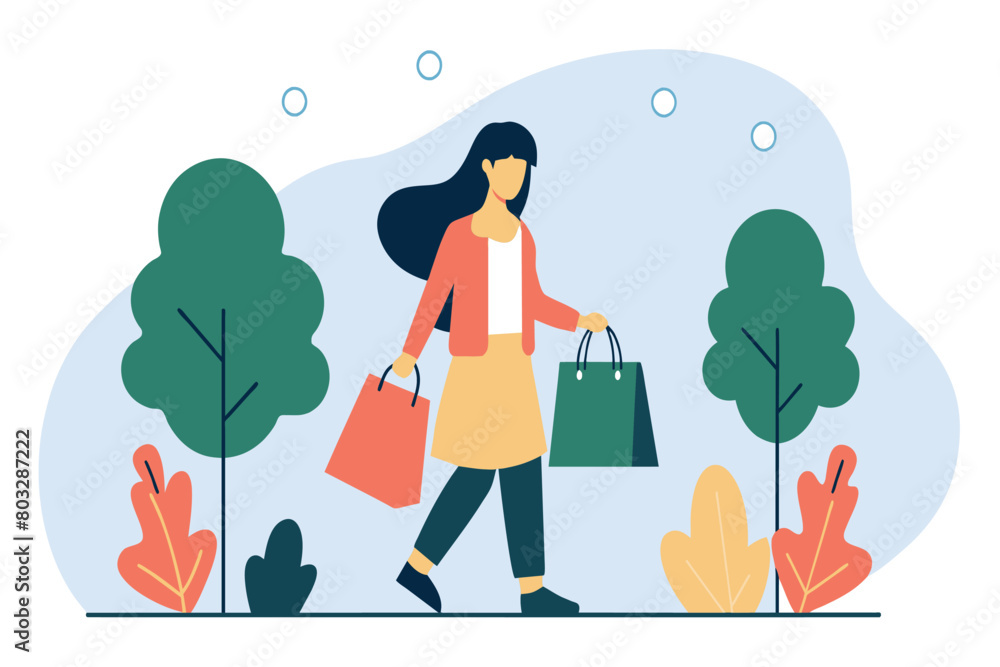 A stylish woman walks with her shopping bags among illustrated trees