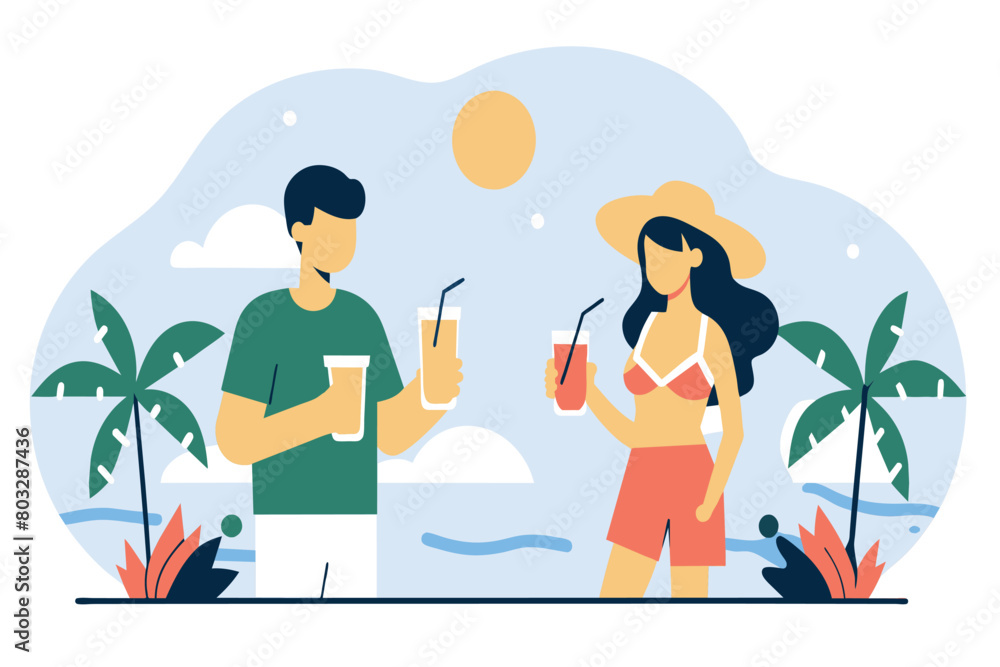 Man and woman sipping drinks under the sun by palm trees