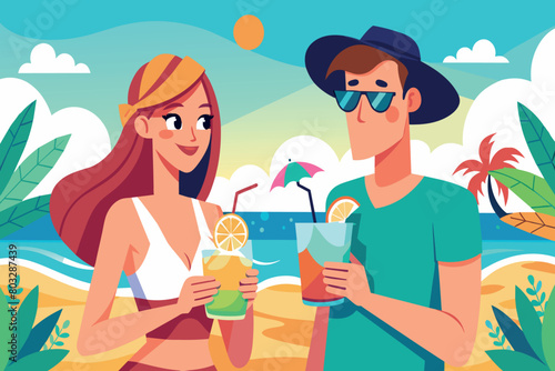 Man and woman sipping drinks by the sea under a clear sky