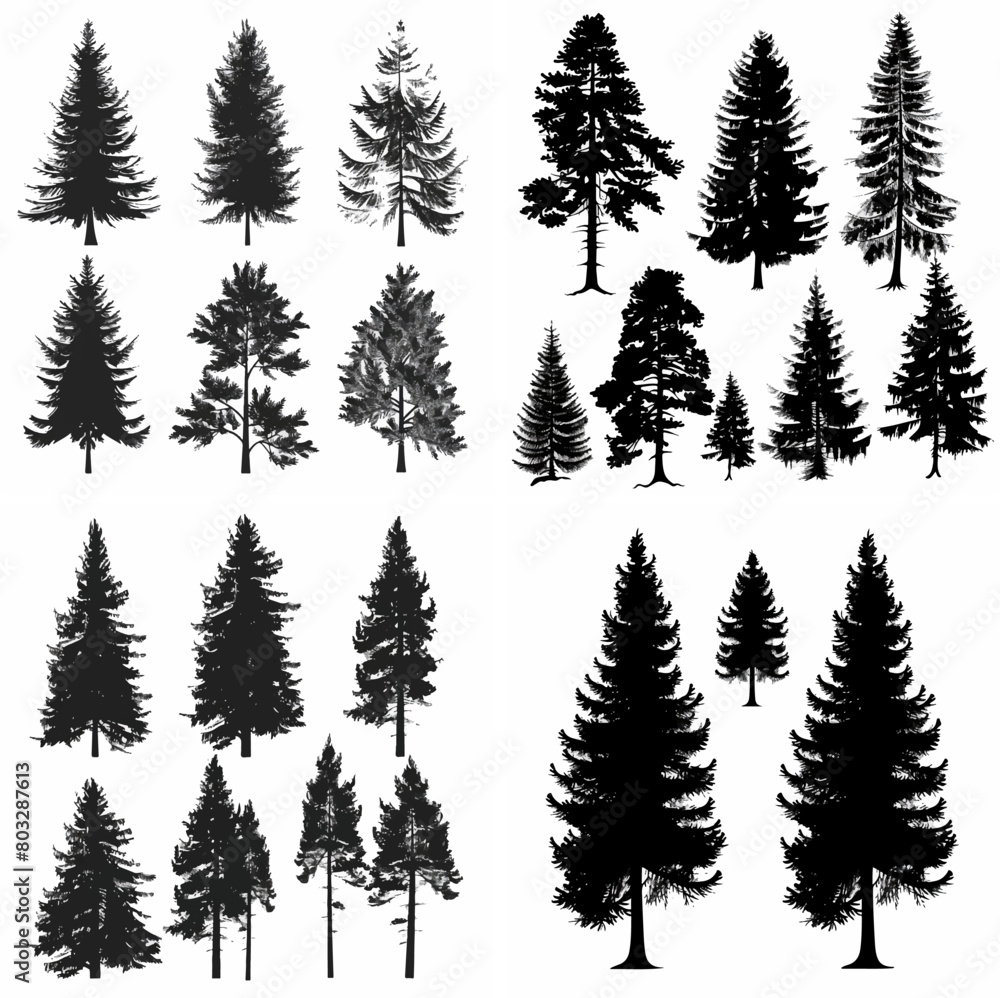 Obraz premium black tree silhouette set pure badge eco outline recreation breath emblem label protection graphic pine trunk woodland