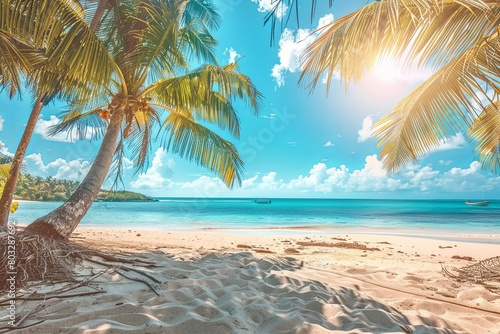 Sunny tropical beach with palm trees and turquoise water  vacation  hot summer day 