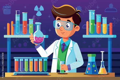 A cartoon kid scientist examines a chemical in a flask in a colorful lab
