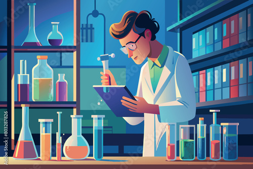 Cartoon scientist conducts an experiment in a vivid lab setting