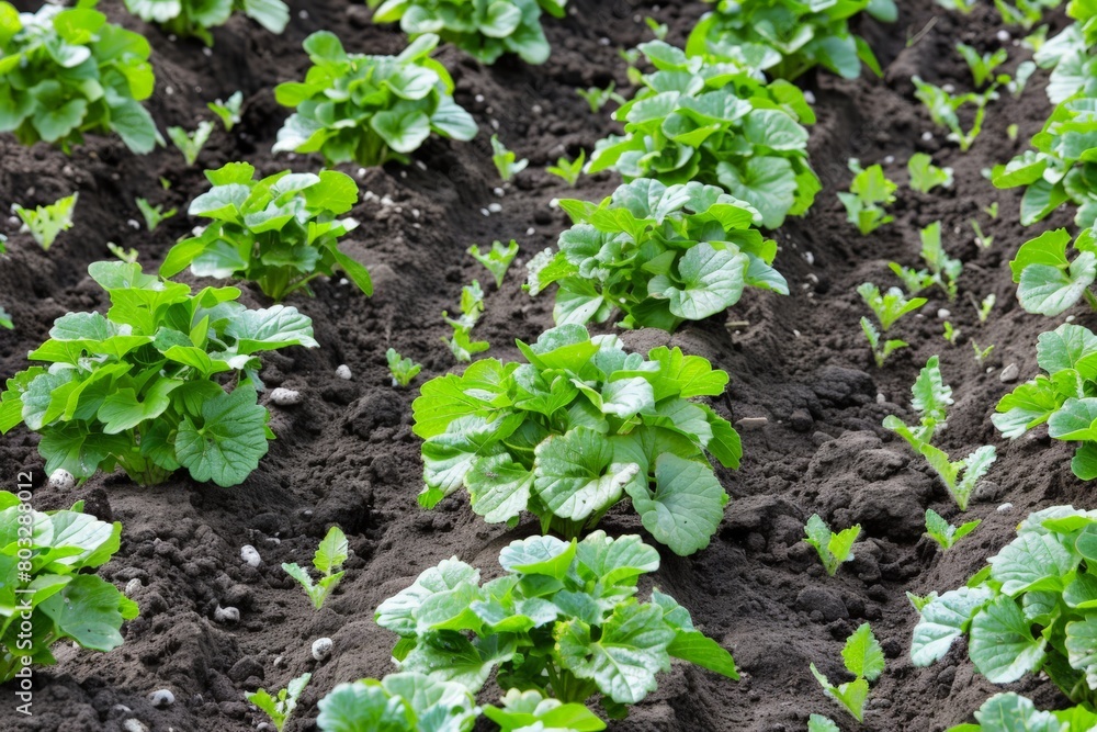 Several plants are seen up close, thriving in the earth while displaying various shades of green and textures Several plants are seen up close, thriving in the earth while displaying various shades of green and textures