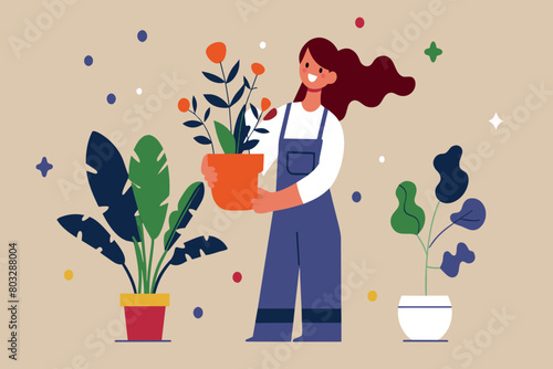 A smiling woman holding a plant pot among indoor foliage