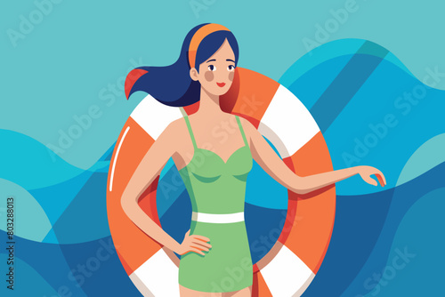 An animated woman relaxes at sea, supported by a lifebuoy