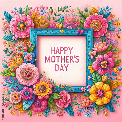 Abstract 3D a colorful frame with flowers and words Happy mother's Day