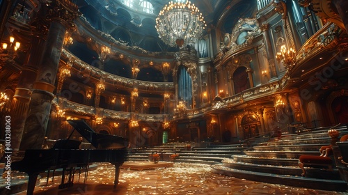 Luxurious Baroque Opera House Interior with Magnificent Chandelier, generative ai