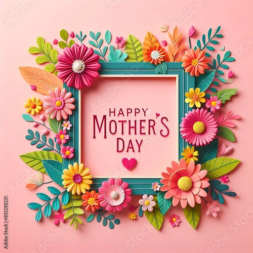 Abstract 3D a colorful frame with flowers and words Happy mother's Day