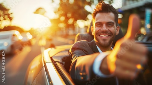 Successful businessman in suit driving luxury car, smiling and giving thumbs up, close up view © Ilja