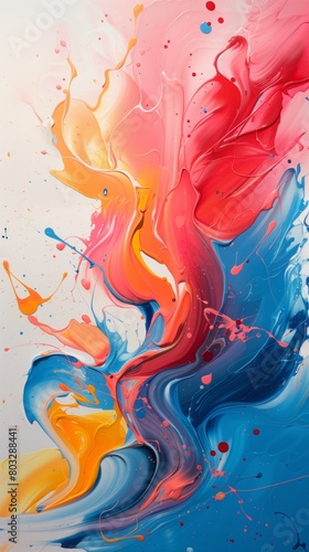 Rhythm and flow, blue, orange, and pink abstract painting on white background