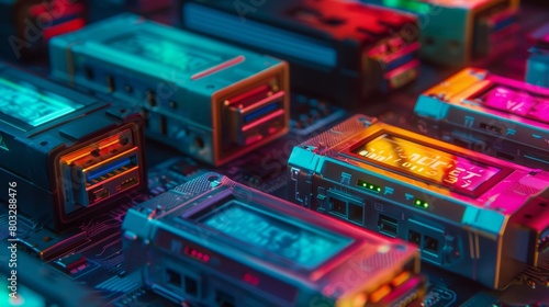 Vivid close-up of vintage USB drives illuminated by colorful lighting