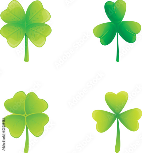 Green clover icons set cartoon vector. Green clover with four leaf. Plant, nature concept