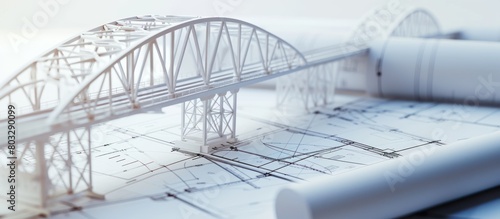 A bridge design blueprint showing architectural details and a model of an iron drawbridge