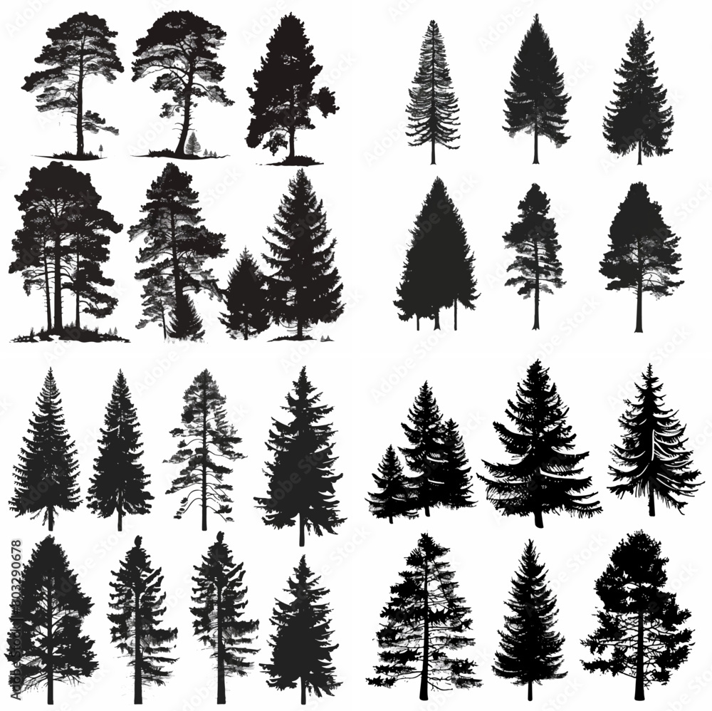 Obraz premium black tree silhouette set pure badge eco outline recreation breath emblem label protection graphic pine trunk woodland