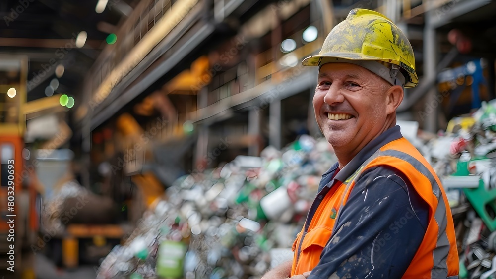 Worker in hivis gear smiles at recycling plant promoting safety and sustainability. Concept Safety in Recycling, Sustainable Practices, Worker Happiness, Hi-Vis Gear, Recycling Plant Smiles Worker in hivis gear smiles at recycling plant promoting safety and sustainability. Concept Safety in Recycling, Sustainable Practices, Worker Happiness, Hi-Vis Gear, Recycling Plant Smiles