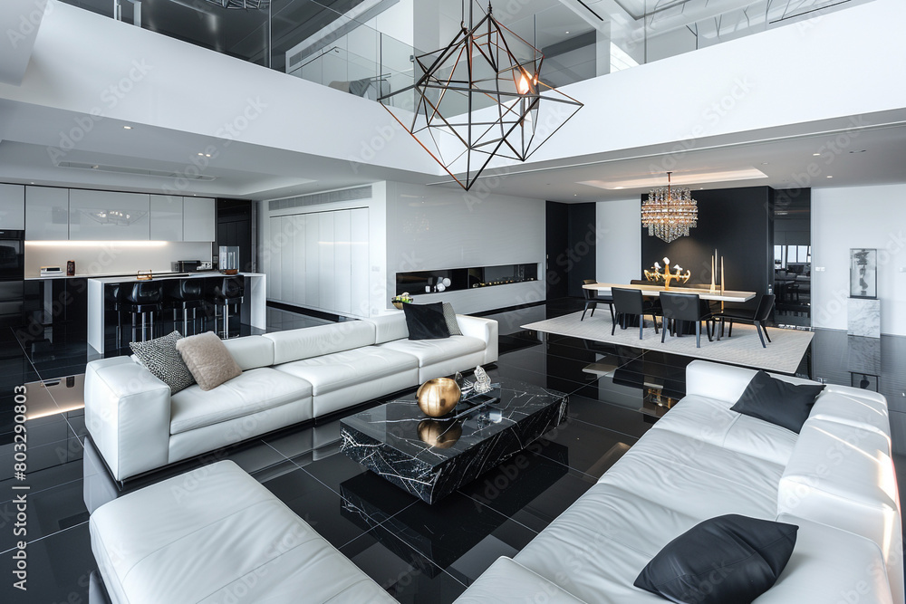 View of An ultramodern, open-plan living room within a luxury duplex apartment ...