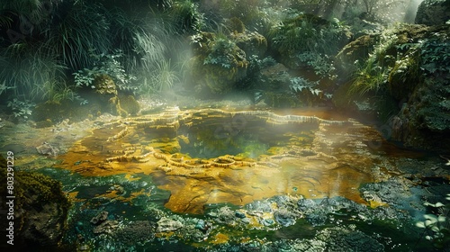 Serenity at a shimmering mineral hot spring surrounded by lush greenery and sunlight