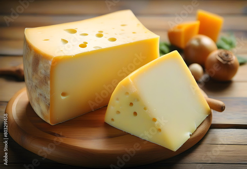 A high-quality photo of various cheeses on a wooden board with natural lighting and food styling.