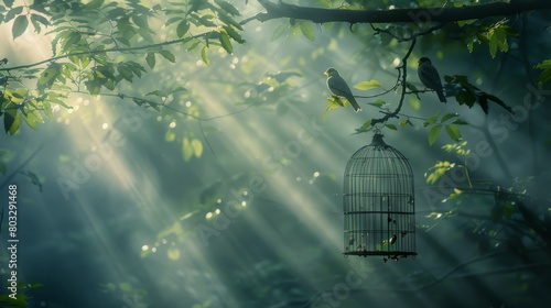 Ethereal morning light illuminating a birdcage in a serene forest setting