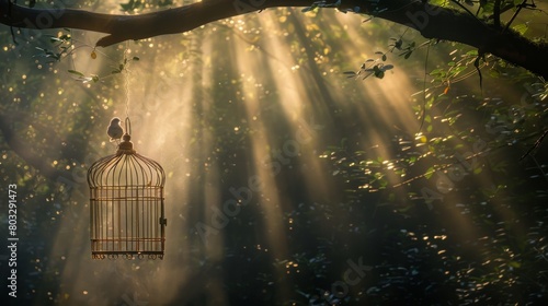 Ethereal morning light illuminating a birdcage in a serene forest setting photo