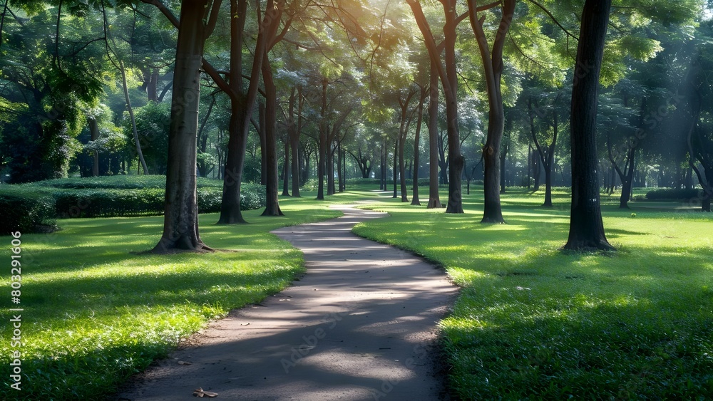 A delightful park pathway framed by maple trees leads to the park center. Concept Nature, Park, Pathway, Trees, Outdoors