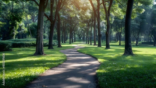 A delightful park pathway framed by maple trees leads to the park center. Concept Nature, Park, Pathway, Trees, Outdoors